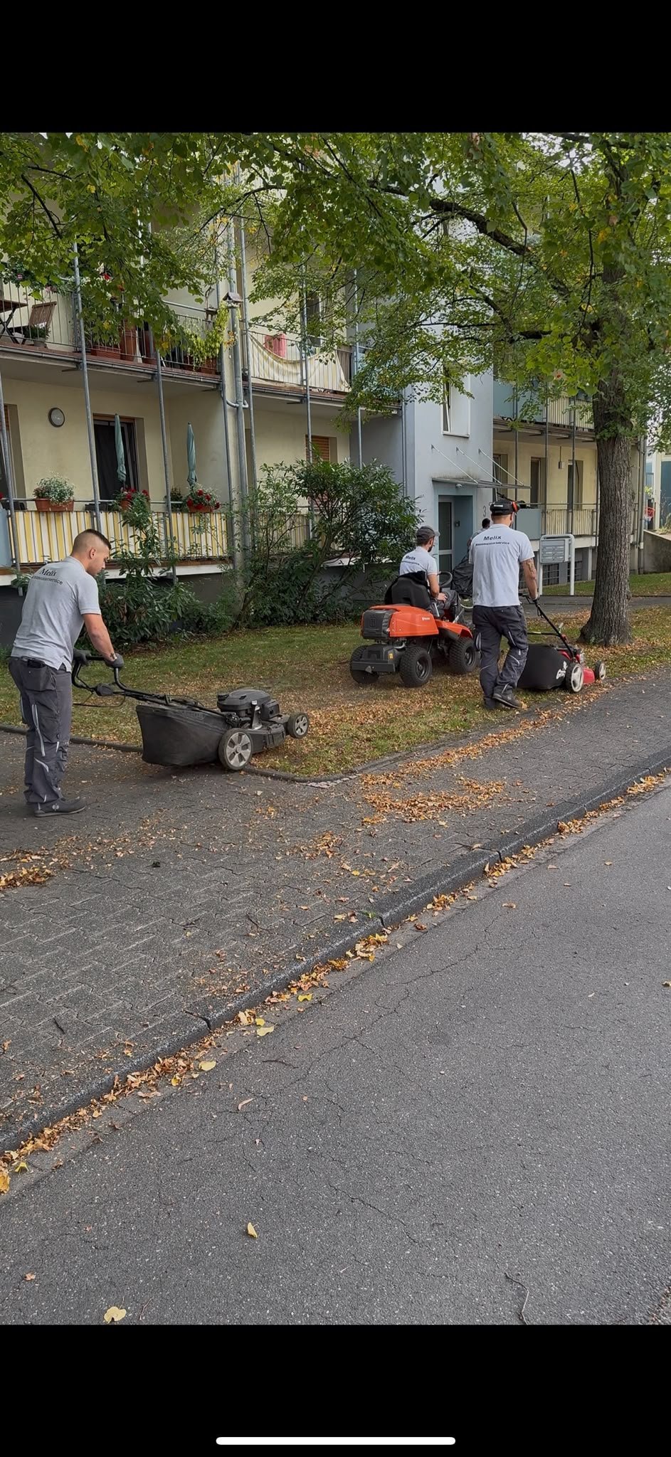 Drei Mitarbeiter von Melix Hausmeisterservice arbeiten mit Rasenmähern auf einem Anwohnerweg vor Mehrfamilienhäusern